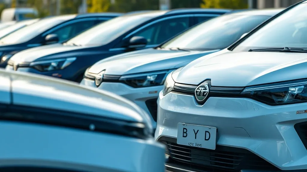 Linha de modelos BYD elétricos em pátio de concessionária no Brasil