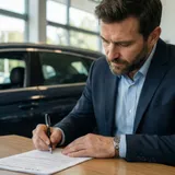 Cliente assinando contrato em concessionária com carro elétrico ao fundo