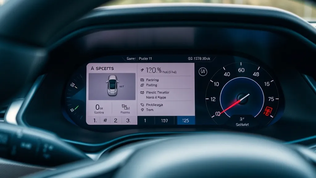 Painel digital de carro elétrico exibindo dados de autonomia e consumo em closeup