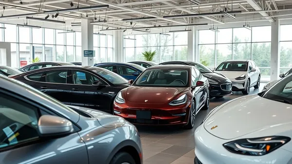 Showroom de carro elétrico moderno com veículo exposto em vitrine iluminada e consultor ao fundo