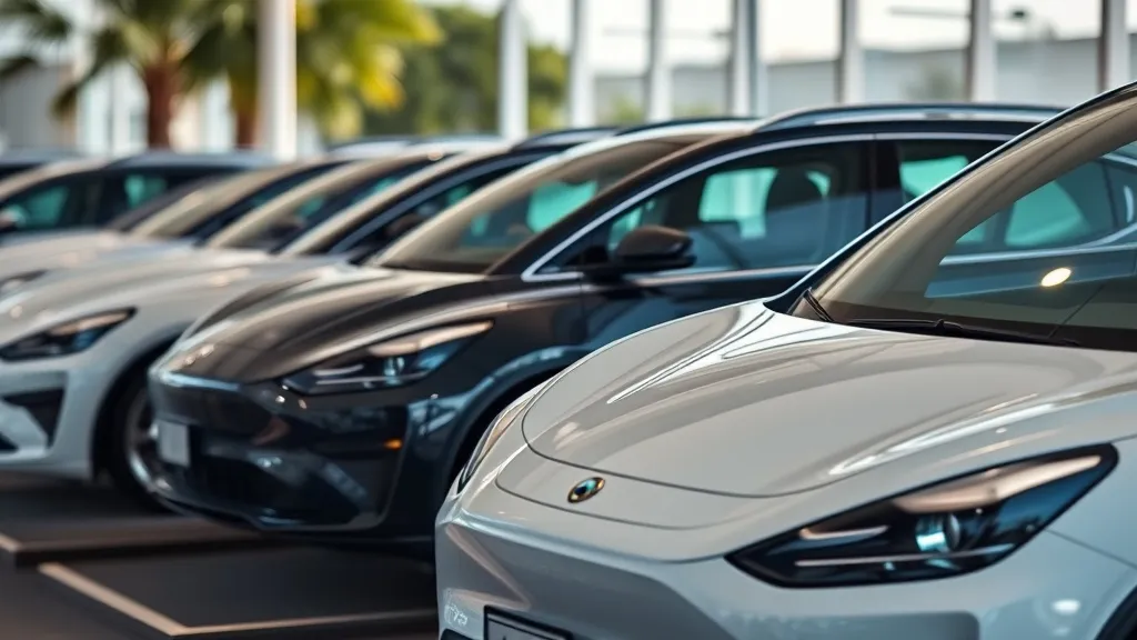 Pátio de concessionária com carros elétricos seminovos à venda no Brasil, etiquetas de preço visíveis