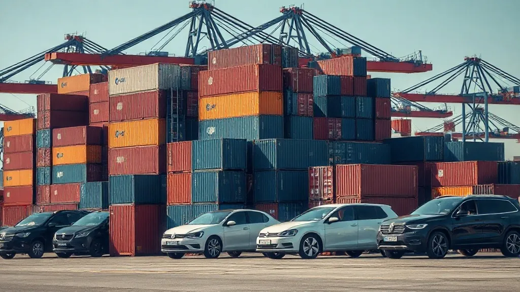 Porto com contêineres e navio cargueiro usado para importação de veículos