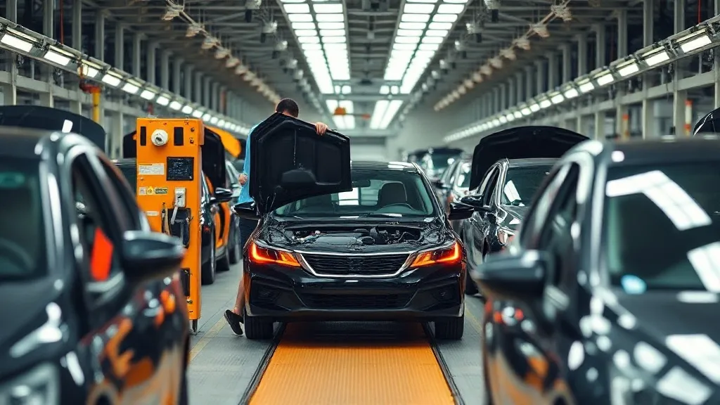 Linha de montagem de fábrica automotiva com operários trabalhando em veículos na esteira de produção