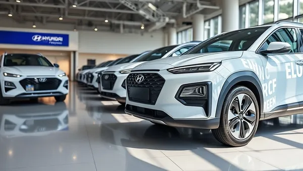 Showroom de carro elétrico coreano com destaque para painel digital e bateria exposta ao fundo