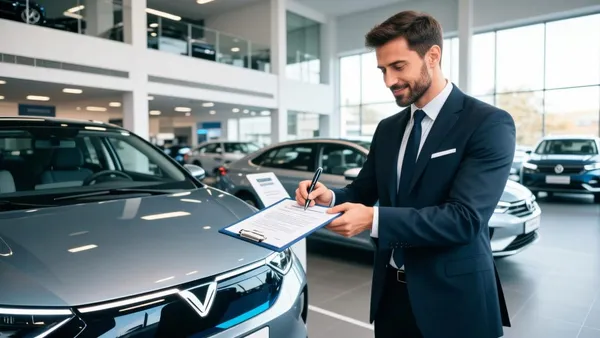 Vendedor e cliente diante de um contrato sobre a mesa em uma concessionária com carro elétrico ao fundo
