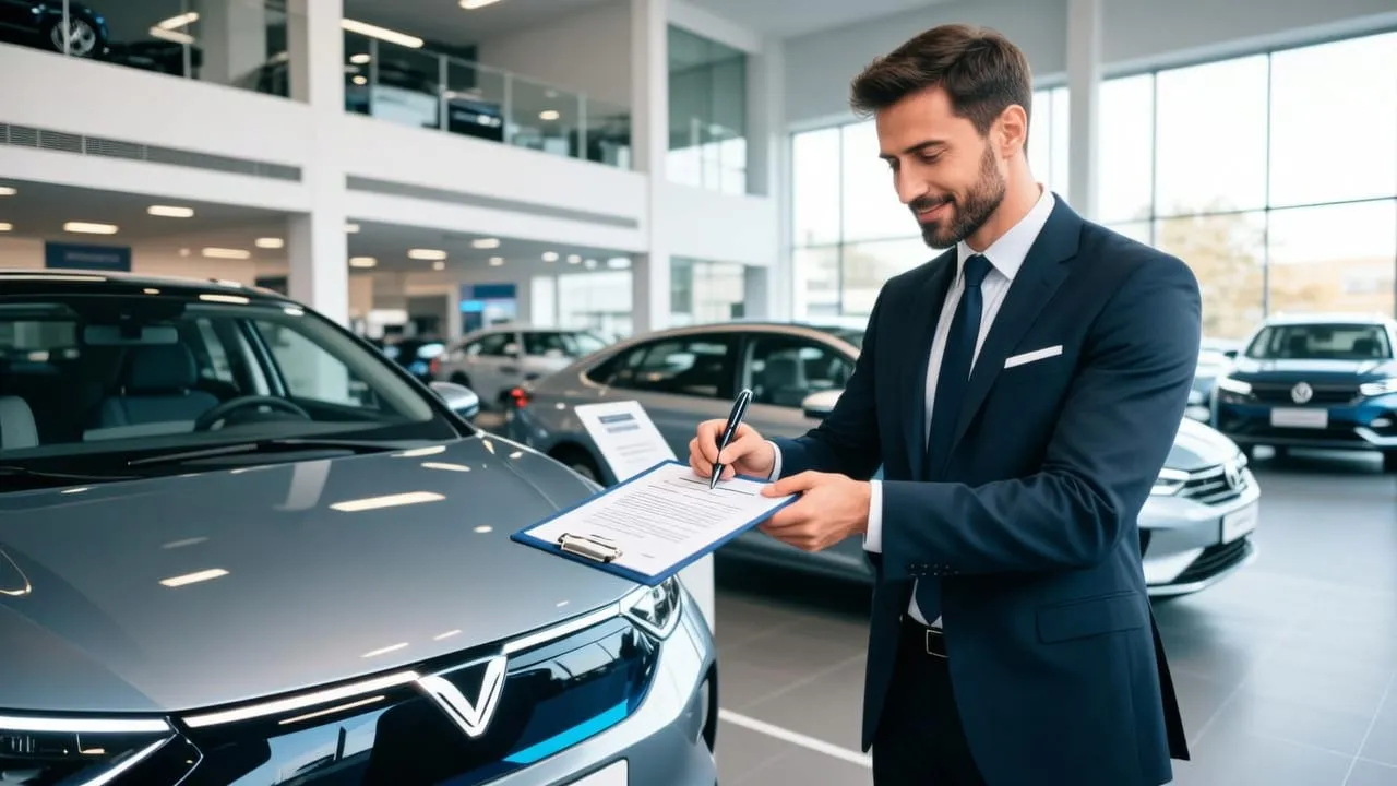 Vendedor e cliente diante de um contrato sobre a mesa em uma concessionária com carro elétrico ao fundo