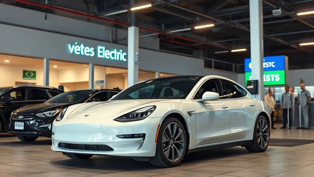Concessionária de carros elétricos com técnico em serviço, representando a rede de assistência técnica no Brasil