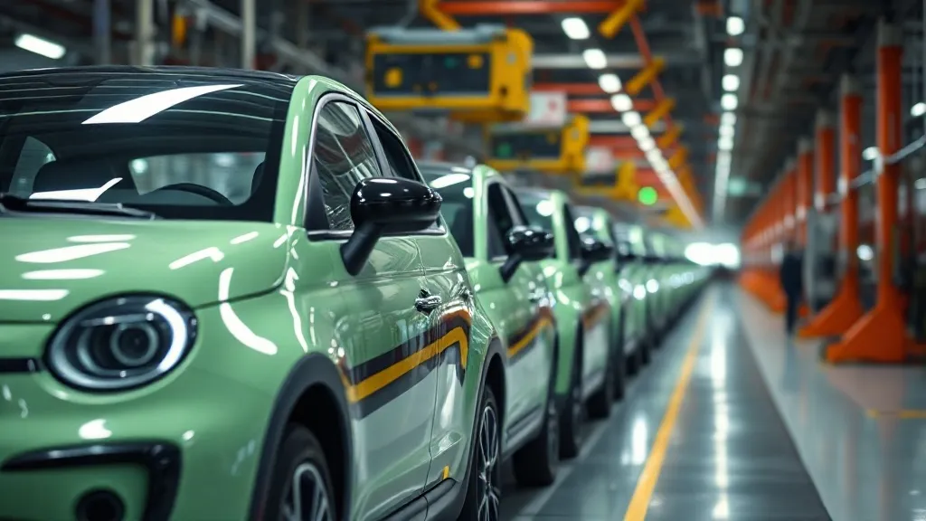 Linha de montagem de veículo elétrico em fábrica com braços robóticos em operação