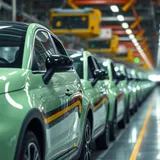 Linha de montagem de veículo elétrico em fábrica com braços robóticos em operação