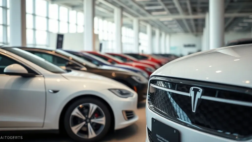 Showroom de concessionária com carros elétricos expostos, iluminação de vitrine