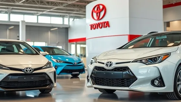 Showroom de concessionária Toyota no Brasil com SUV híbrido em destaque e painel de eficiência