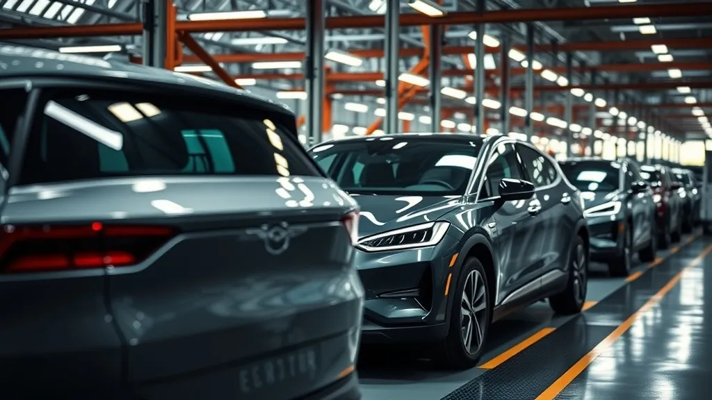 Linha de montagem de veículos eletrificados com robôs industriais e carros modernos em fábrica automotiva