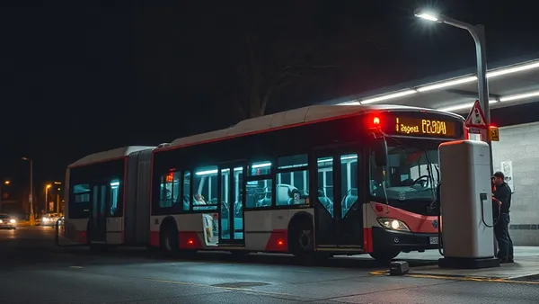 Ônibus elétrico carregando à noite em garagem de frota, ilustrando conexão de recarga com horário controlado