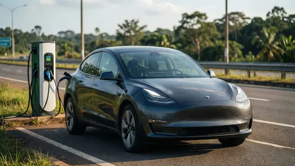 Fila de carros elétricos carregando em posto de recarga pública à beira de rodovia brasileira