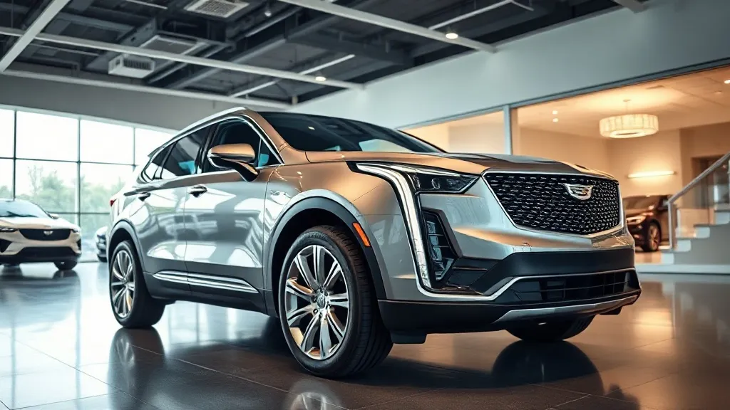 SUV elétrico de luxo Cadillac em showroom contemporâneo com iluminação sofisticada