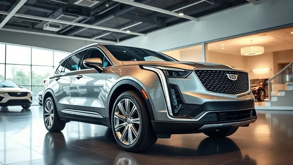 SUV elétrico de luxo Cadillac em showroom contemporâneo com iluminação sofisticada