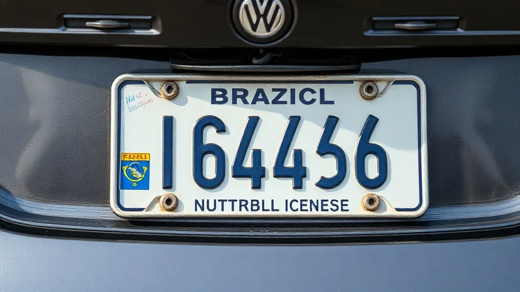 Placa de carro brasileira no padrão Mercosul e documento de registro de veículo sobre mesa