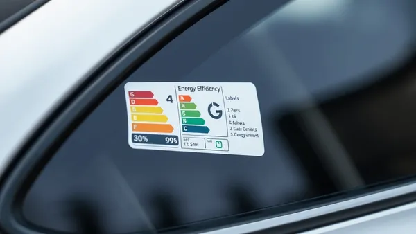 Adesivo de etiqueta de eficiência energética colado no vidro de um carro elétrico