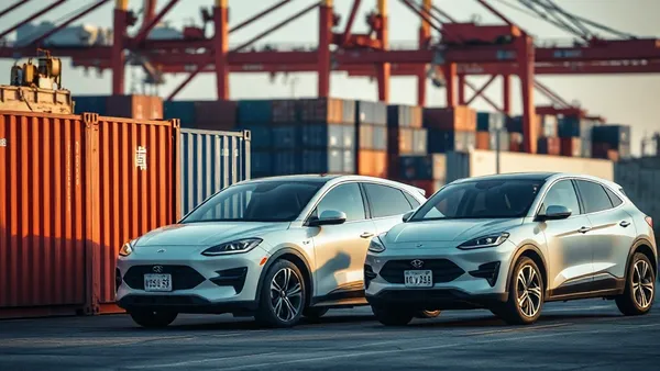 Navio porta-contêineres carregado com veículos em porto, representando a importação de carros da China