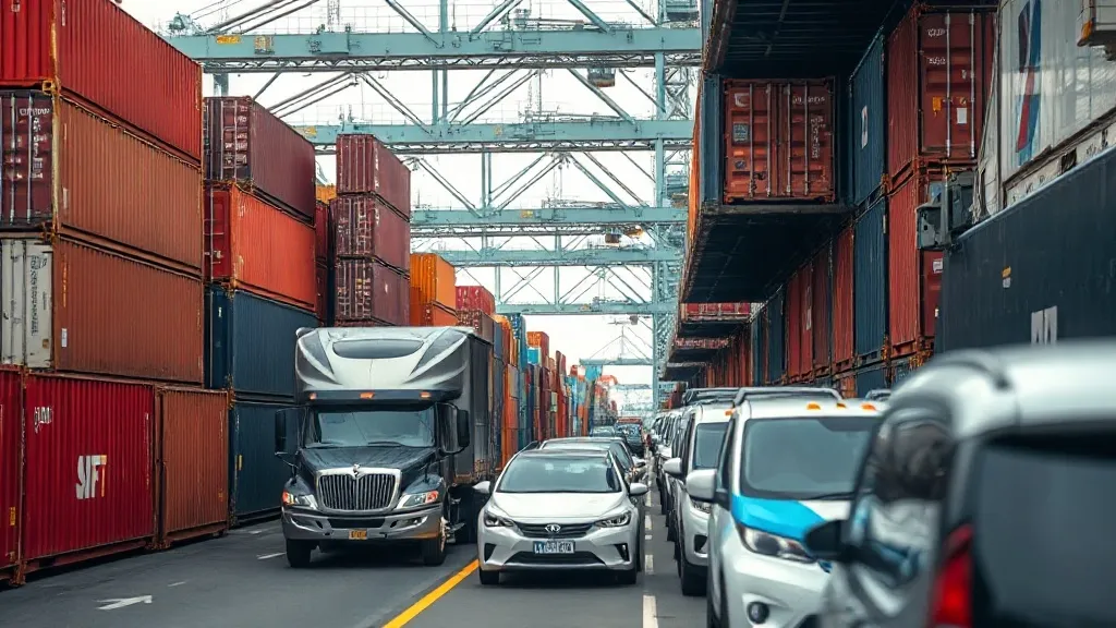 Navio porta-contêineres em porto brasileiro com carros sendo desembarcados