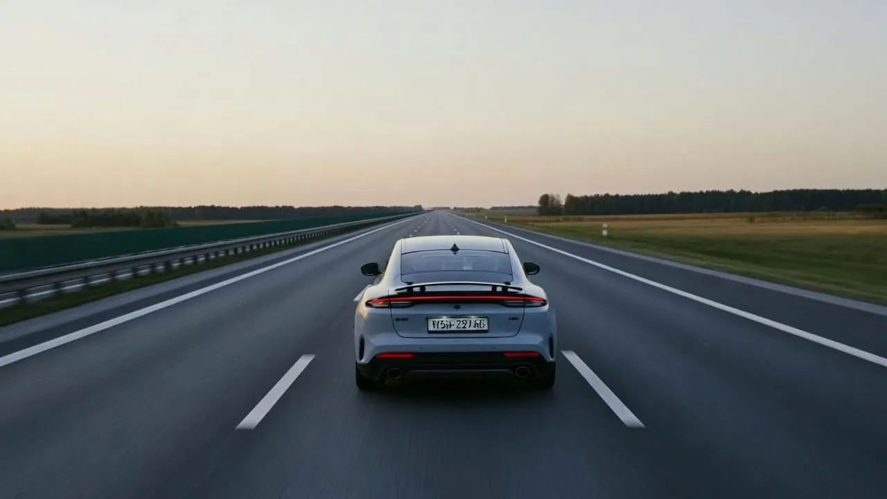 Carro seguindo por rodovia vazia ao entardecer, visto por trás