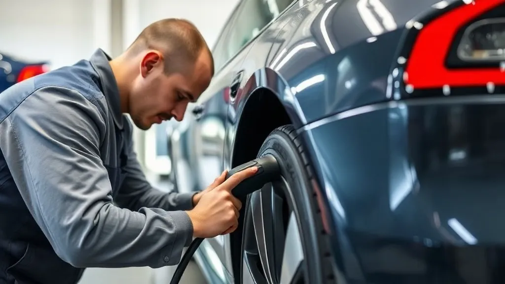 Técnico inspecionando carro elétrico com equipamento de diagnóstico em pátio de vistoria
