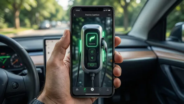 Motorista usando aplicativo de smartphone para pagar recarga de carro elétrico em eletroposto