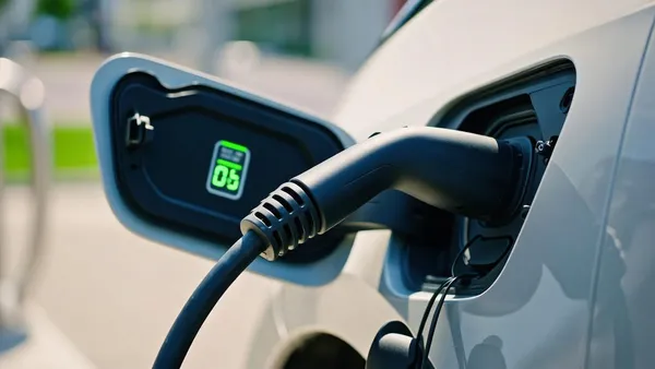 Carro elétrico conectado a um carregador rápido público, com o visor do equipamento aceso