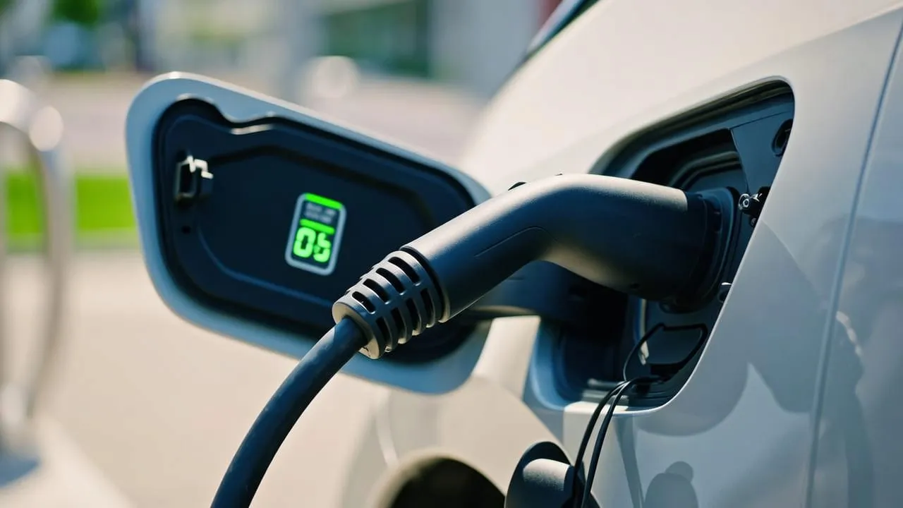 Carro elétrico conectado a um carregador rápido público, com o visor do equipamento aceso