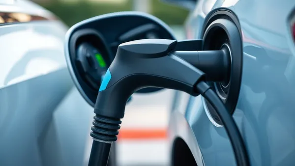 Cabo de recarga CCS2 conectado à porta de carregamento de carro elétrico em eletroposto