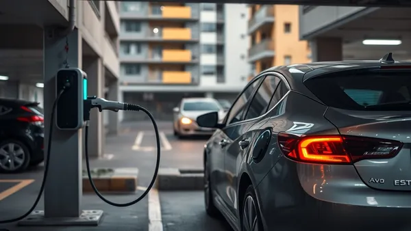Carro elétrico sendo carregado em estacionamento de edifício urbano