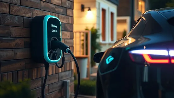 Wallbox residencial conectado a carro elétrico em garagem com painel de hora no fundo