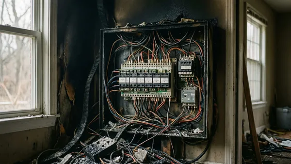 Quadro de disjuntores residencial com fiação elétrica exposta ao lado de carregador wallbox