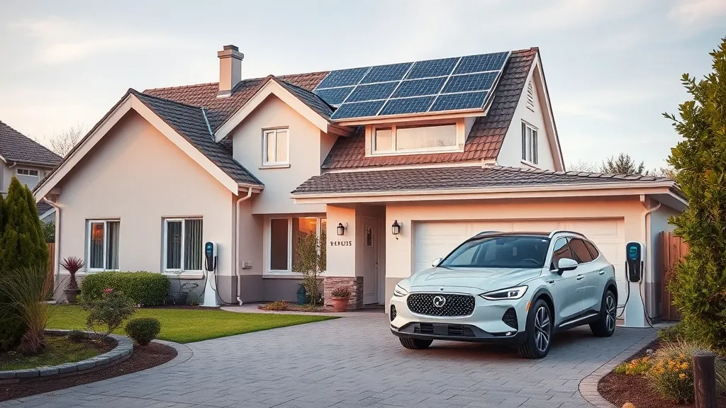 Placas solares no telhado de uma casa com carro elétrico carregando na garagem