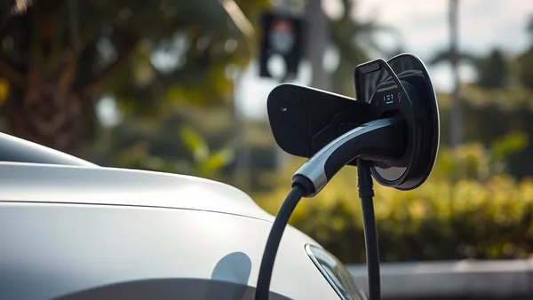 Carro elétrico conectado a wallbox em garagem exposta ao sol com termômetro marcando alta temperatura no Brasil