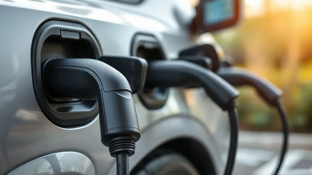 Conectores de recarga CCS2, CHAdeMO e Tipo 2 lado a lado sobre fundo neutro