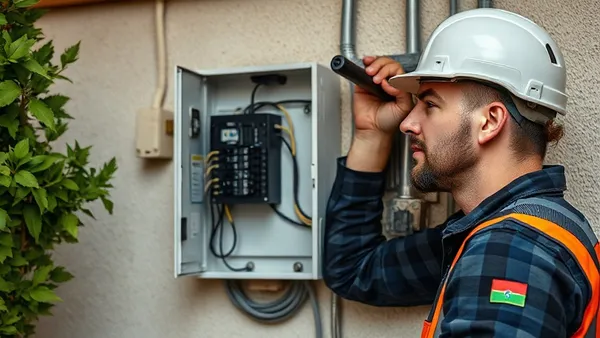 Quadro de distribuição elétrica residencial aberto, técnico avaliando fiação para instalação de wallbox